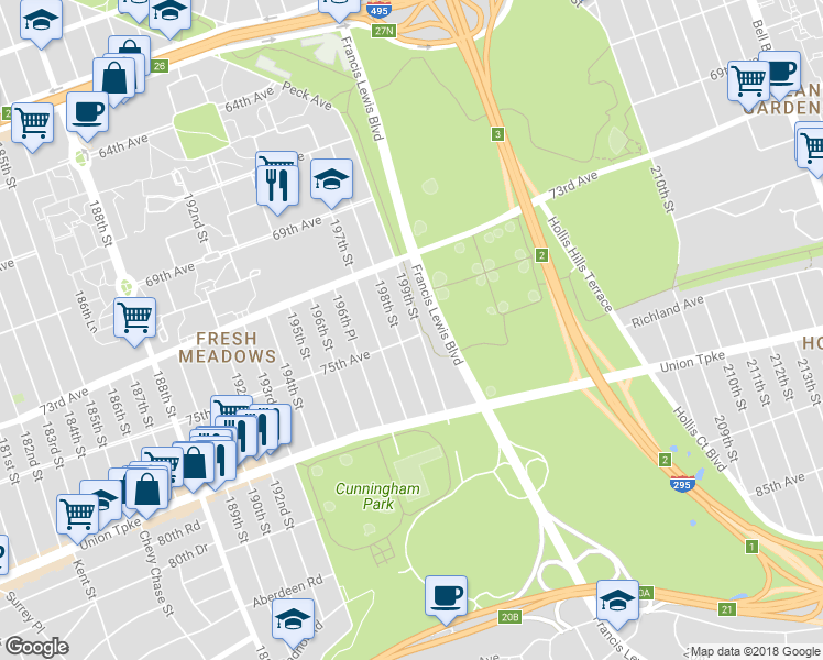 map of restaurants, bars, coffee shops, grocery stores, and more near 73-70 199th Street in Queens