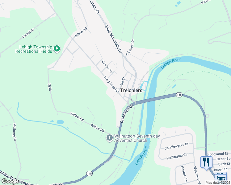 map of restaurants, bars, coffee shops, grocery stores, and more near 307 Long Lane Road in Walnutport