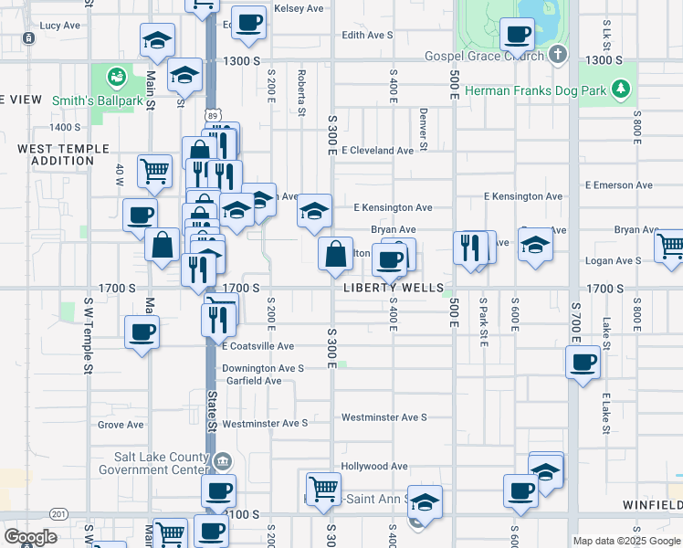 map of restaurants, bars, coffee shops, grocery stores, and more near 1633 300 East in Salt Lake City
