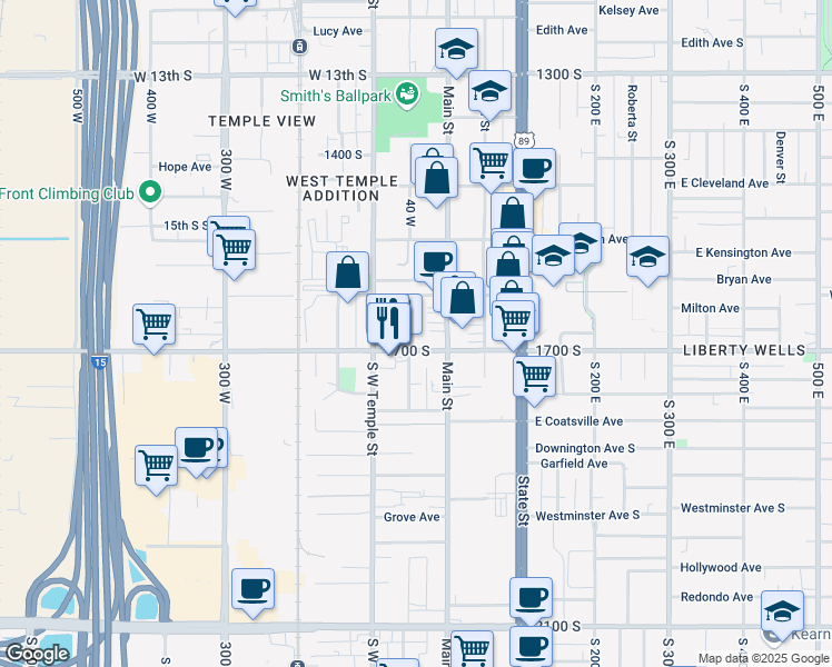 map of restaurants, bars, coffee shops, grocery stores, and more near 1629 Richards Street in Salt Lake City