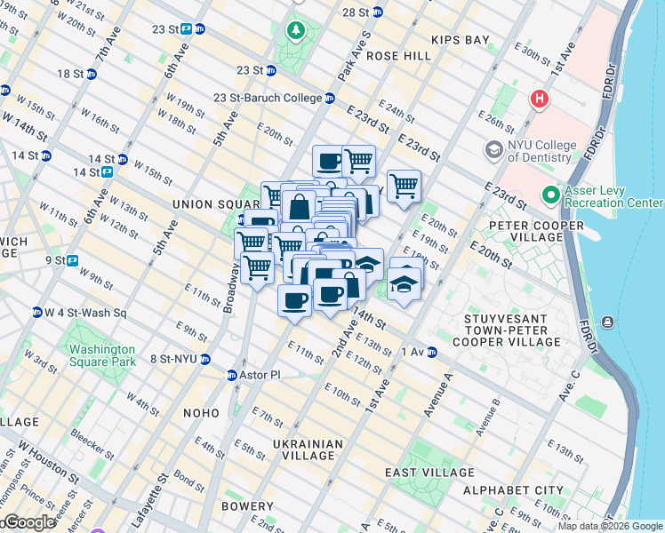 map of restaurants, bars, coffee shops, grocery stores, and more near 147 3rd Avenue in New York