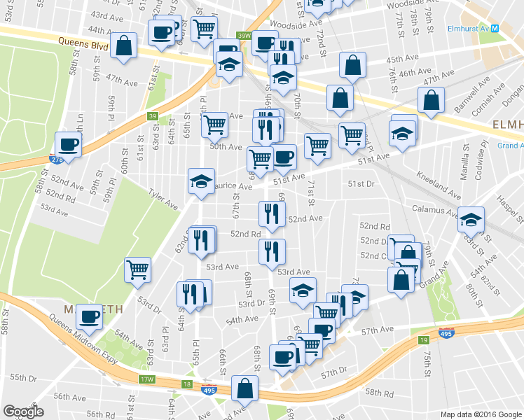 map of restaurants, bars, coffee shops, grocery stores, and more near 51-44 69th Street in Queens