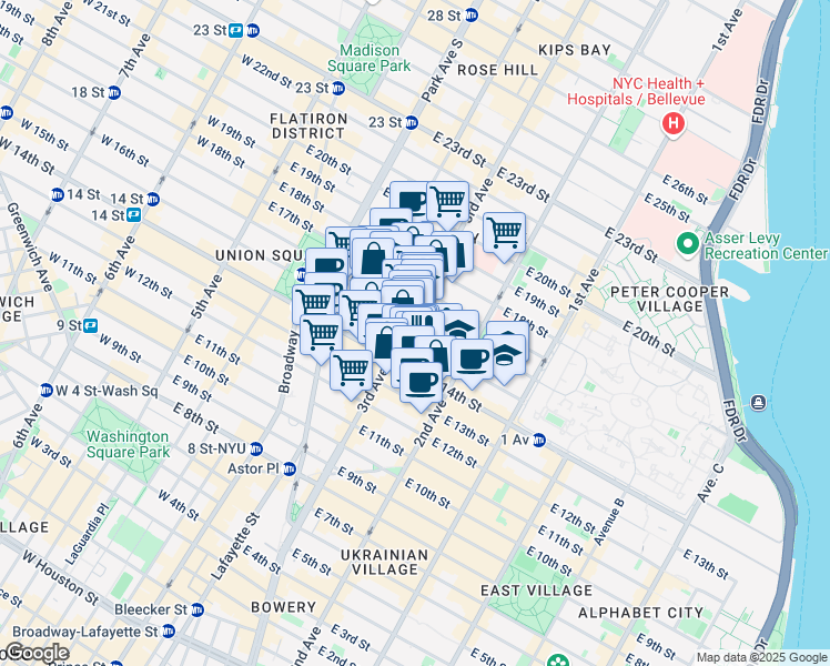map of restaurants, bars, coffee shops, grocery stores, and more near 147 3rd Avenue in New York