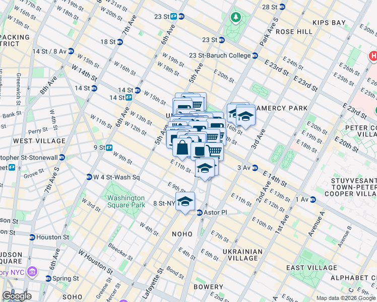 map of restaurants, bars, coffee shops, grocery stores, and more near 52 East 13th Street in New York