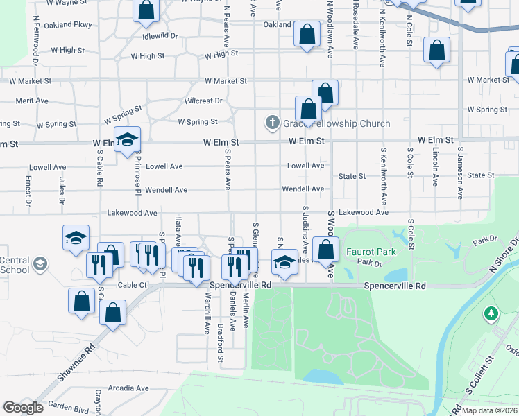 map of restaurants, bars, coffee shops, grocery stores, and more near 2020 Lakewood Avenue in Lima