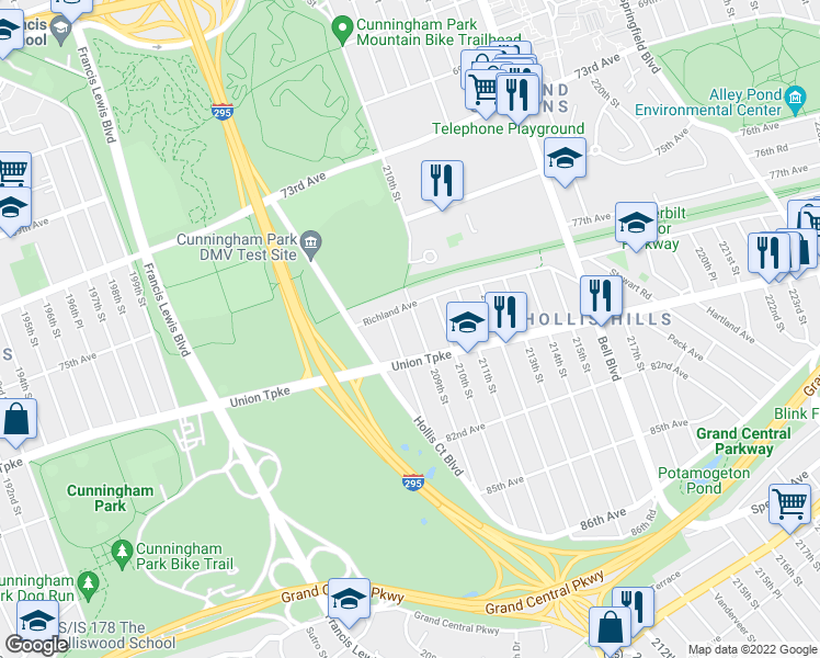 map of restaurants, bars, coffee shops, grocery stores, and more near 79-20 209th St in Queens