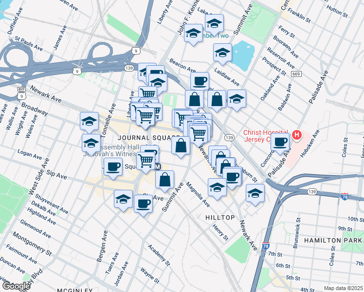 map of restaurants, bars, coffee shops, grocery stores, and more near 564-580 Summit Avenue in Jersey City