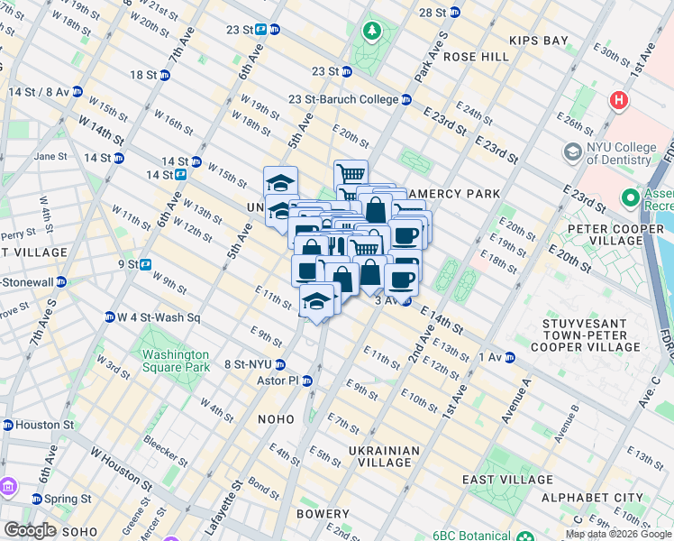 map of restaurants, bars, coffee shops, grocery stores, and more near 147 4th Avenue in New York
