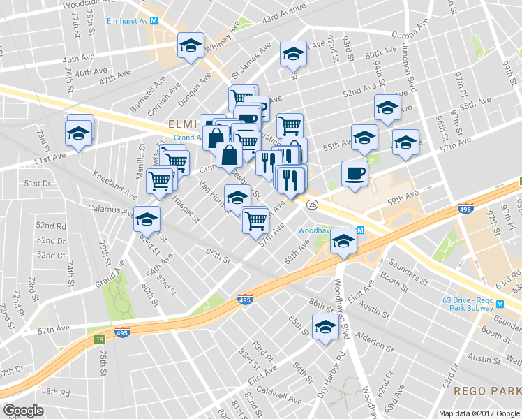 map of restaurants, bars, coffee shops, grocery stores, and more near 86-40 55th Road in Queens