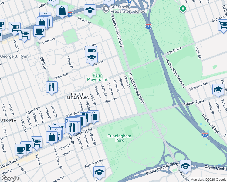 map of restaurants, bars, coffee shops, grocery stores, and more near 73-58 197th Street in Queens