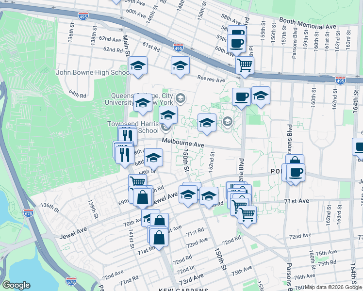map of restaurants, bars, coffee shops, grocery stores, and more near 67-1 150th Street in Queens