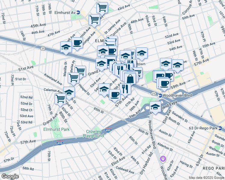 map of restaurants, bars, coffee shops, grocery stores, and more near 86-40 55th Road in Queens