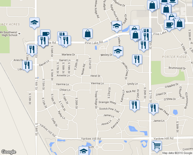 map of restaurants, bars, coffee shops, grocery stores, and more near 2137 Herel St in Lincoln