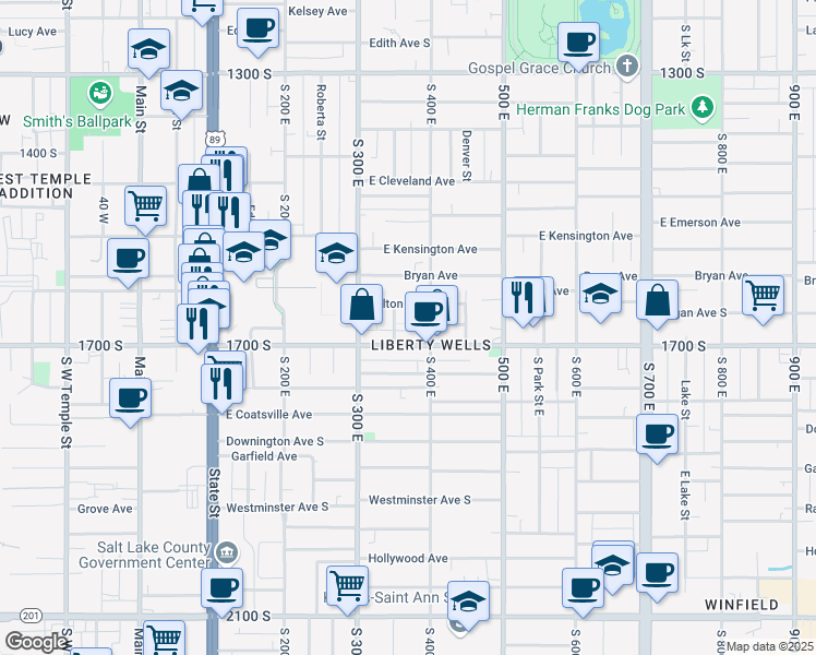 map of restaurants, bars, coffee shops, grocery stores, and more near 1627 Blair Street in Salt Lake City