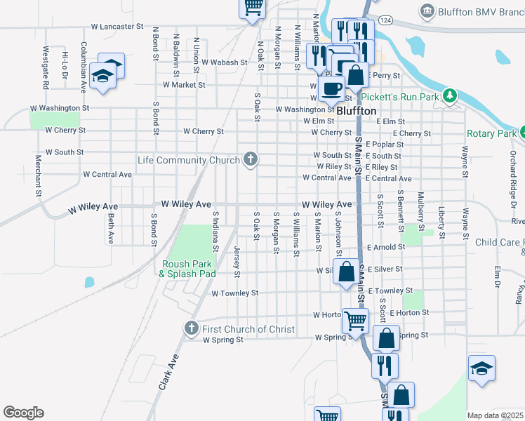 map of restaurants, bars, coffee shops, grocery stores, and more near 524 West Wiley Avenue in Bluffton
