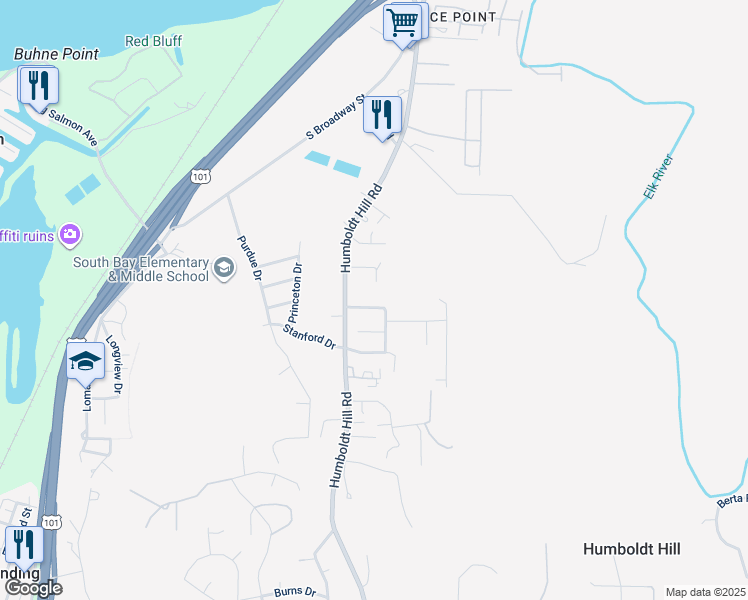 map of restaurants, bars, coffee shops, grocery stores, and more near 2347 Bayview Lane in Eureka