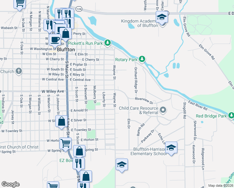 map of restaurants, bars, coffee shops, grocery stores, and more near 625 Riverview Dr in Bluffton