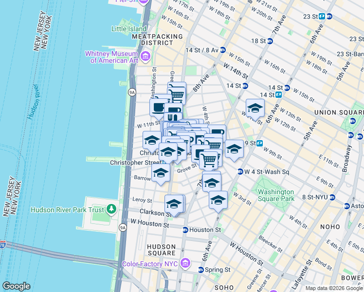 map of restaurants, bars, coffee shops, grocery stores, and more near 237 West 10th Street in New York