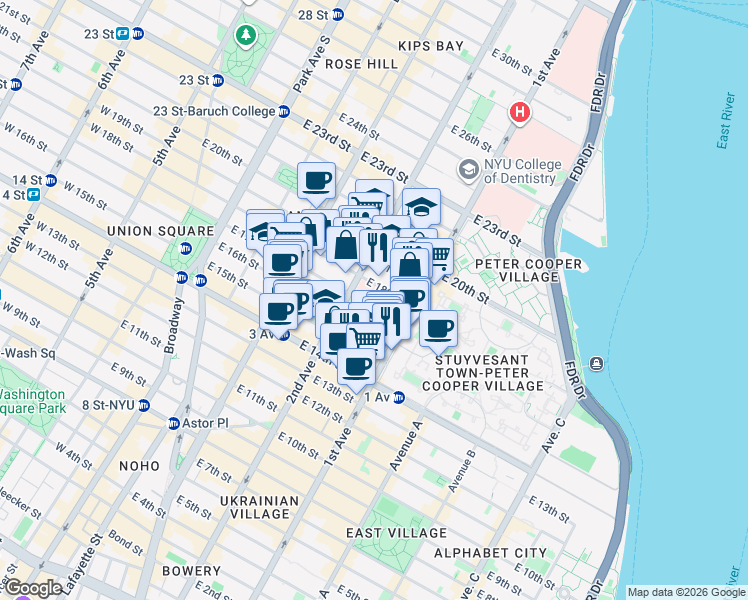 map of restaurants, bars, coffee shops, grocery stores, and more near 320 East 17th Street in New York