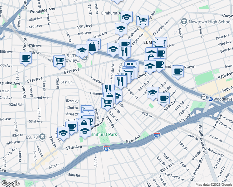 map of restaurants, bars, coffee shops, grocery stores, and more near 84-09 Grand Avenue in Queens