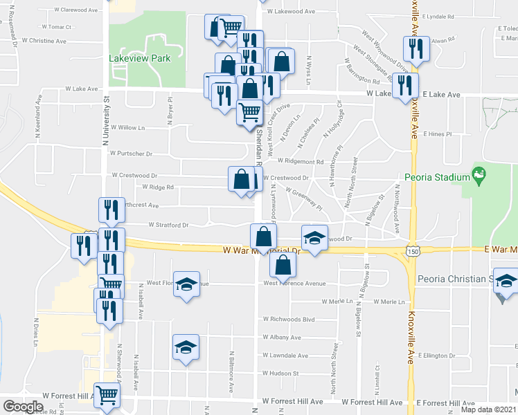map of restaurants, bars, coffee shops, grocery stores, and more near 3816 North Sheridan Road in Peoria