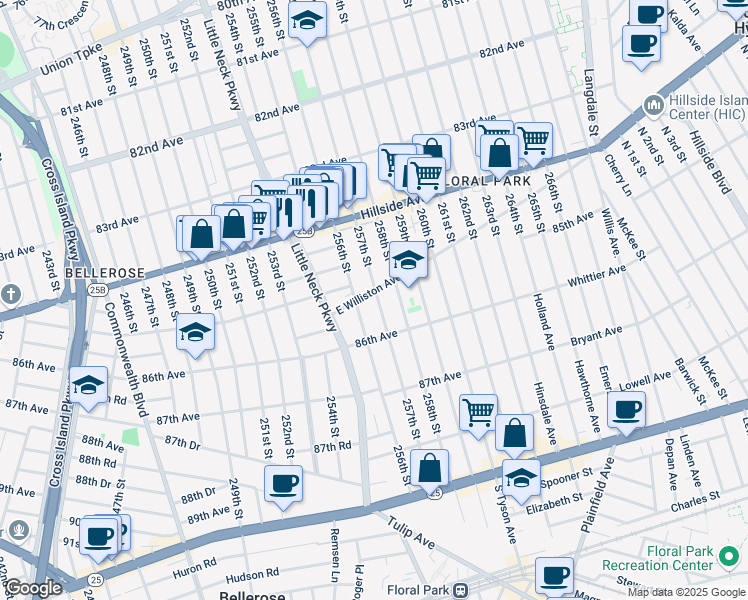 map of restaurants, bars, coffee shops, grocery stores, and more near 256-20 East Williston Avenue in Queens