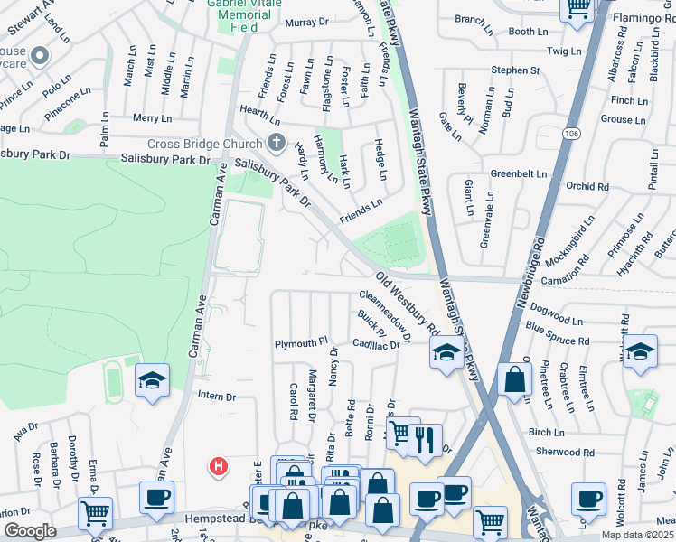 map of restaurants, bars, coffee shops, grocery stores, and more near 4502 Salisbury Park Drive in East Meadow