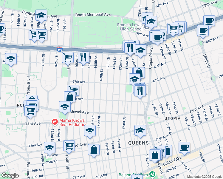 map of restaurants, bars, coffee shops, grocery stores, and more near 67-22 171st Street in Queens