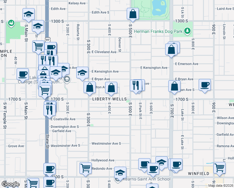 map of restaurants, bars, coffee shops, grocery stores, and more near 432 East Logan Avenue in Salt Lake City