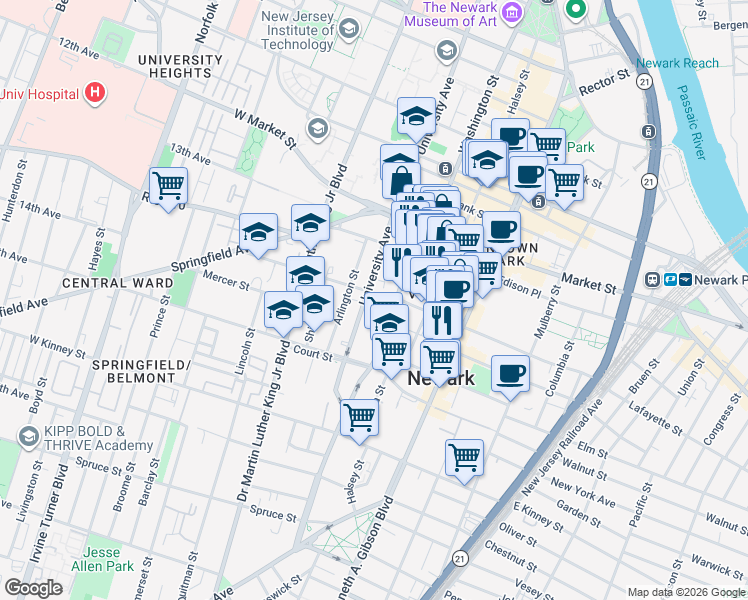 map of restaurants, bars, coffee shops, grocery stores, and more near 394 University Avenue in Newark