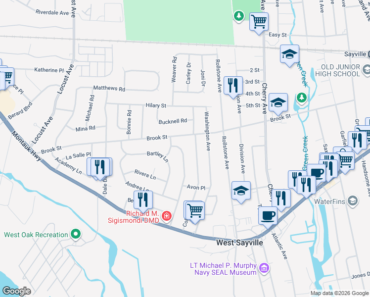 map of restaurants, bars, coffee shops, grocery stores, and more near 59 Munson Lane in West Sayville