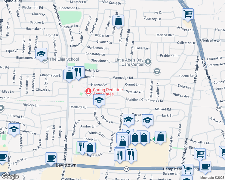 map of restaurants, bars, coffee shops, grocery stores, and more near 105 Constellation Road in Levittown