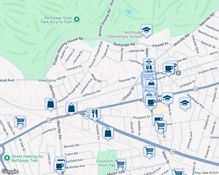 map of restaurants, bars, coffee shops, grocery stores, and more near 52 Jefferson Road in Farmingdale
