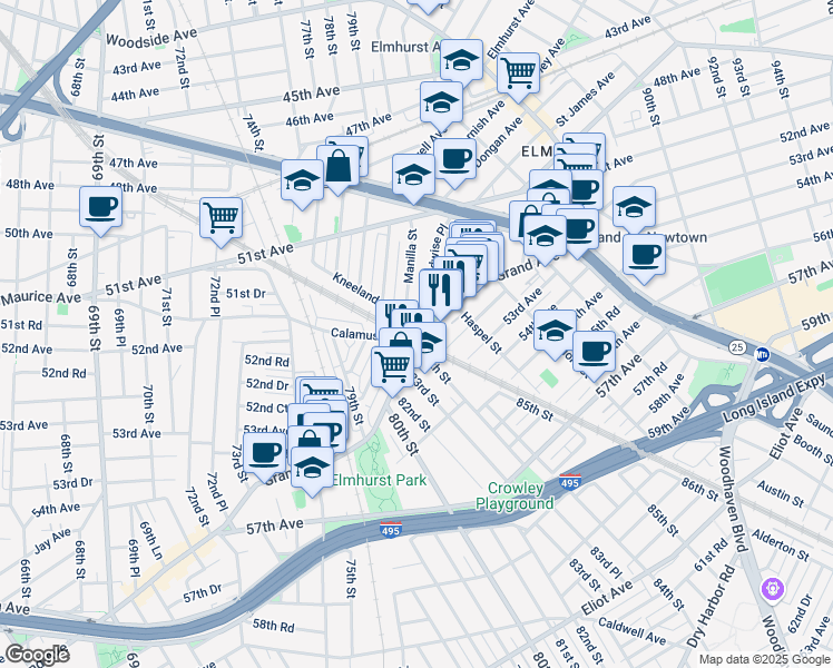 map of restaurants, bars, coffee shops, grocery stores, and more near 84-09 Grand Avenue in Queens