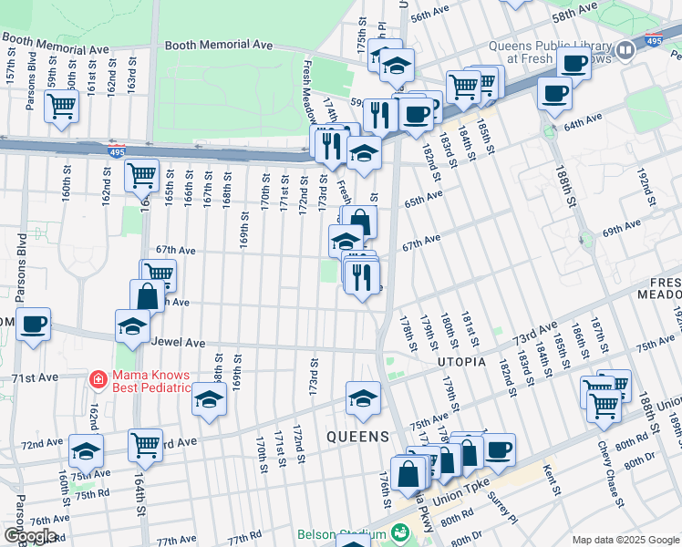 map of restaurants, bars, coffee shops, grocery stores, and more near 67-10 Fresh Meadow Lane in Queens
