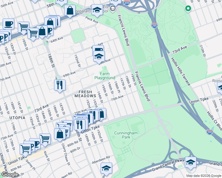 map of restaurants, bars, coffee shops, grocery stores, and more near 73-43 196th Street in Queens