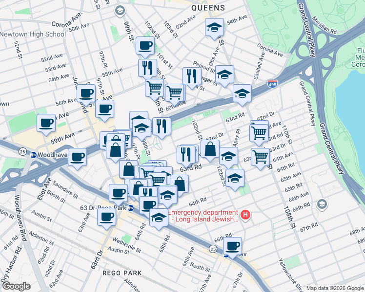 map of restaurants, bars, coffee shops, grocery stores, and more near 99-17 62nd Drive in Queens