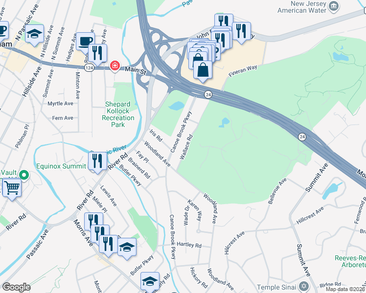 map of restaurants, bars, coffee shops, grocery stores, and more near 45 Wallace Road in Summit