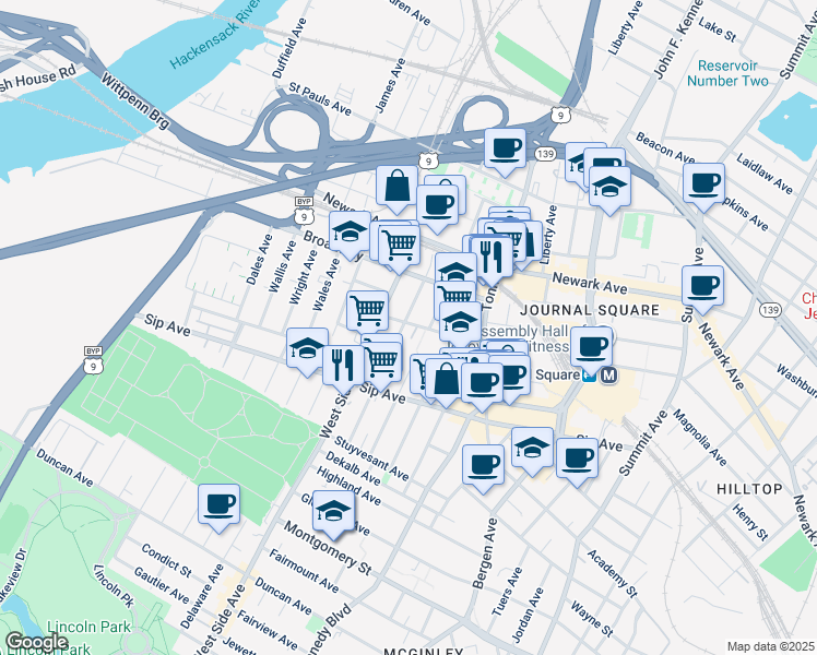 map of restaurants, bars, coffee shops, grocery stores, and more near 110 Corbin Avenue in Jersey City