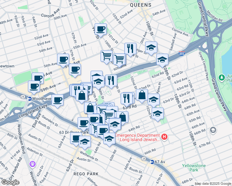 map of restaurants, bars, coffee shops, grocery stores, and more near 98-52 62nd Road in Queens