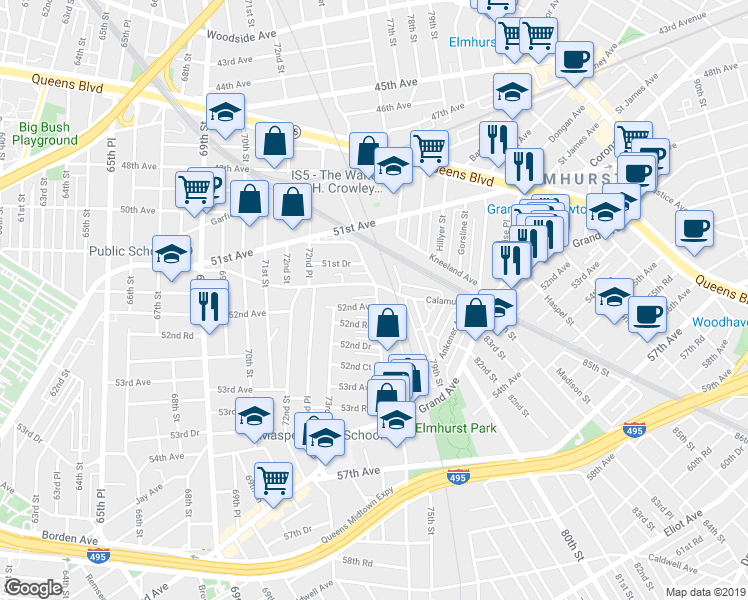 map of restaurants, bars, coffee shops, grocery stores, and more near 73-49 52nd Avenue in Queens