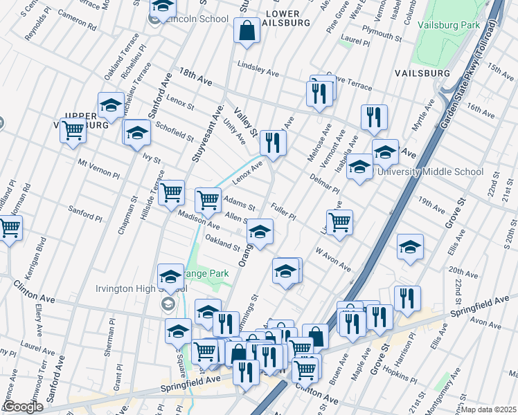 map of restaurants, bars, coffee shops, grocery stores, and more near 235 Orange Avenue in Irvington