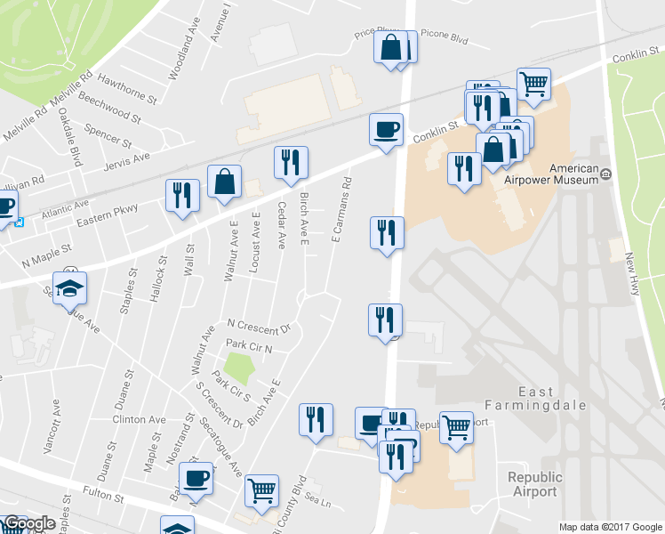 map of restaurants, bars, coffee shops, grocery stores, and more near 71a East Carmans Road in Farmingdale