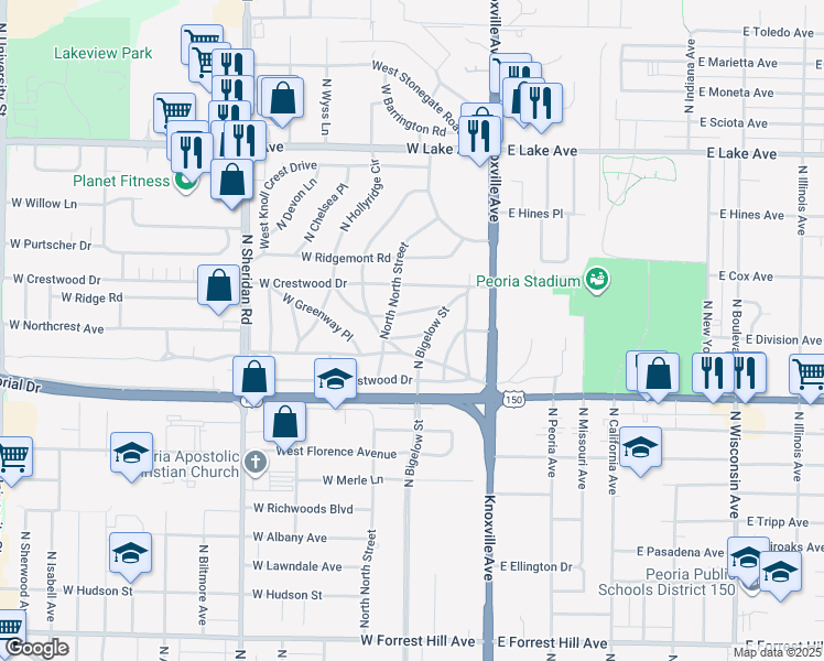 map of restaurants, bars, coffee shops, grocery stores, and more near 309 West Terrace Lane in Peoria