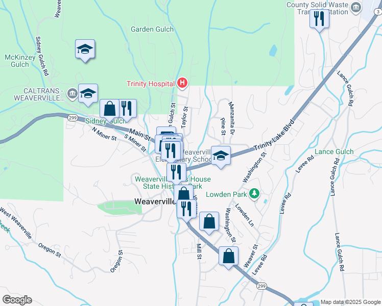 map of restaurants, bars, coffee shops, grocery stores, and more near 205 Church Street in Weaverville