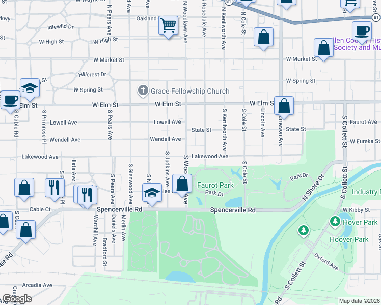 map of restaurants, bars, coffee shops, grocery stores, and more near 1724 Lakewood Ave in Lima