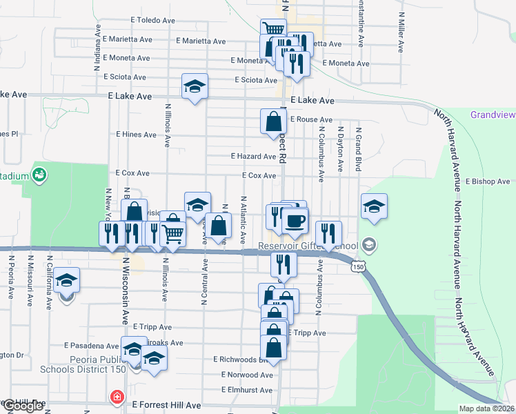 map of restaurants, bars, coffee shops, grocery stores, and more near 3819 North Vincent Avenue in Peoria Heights