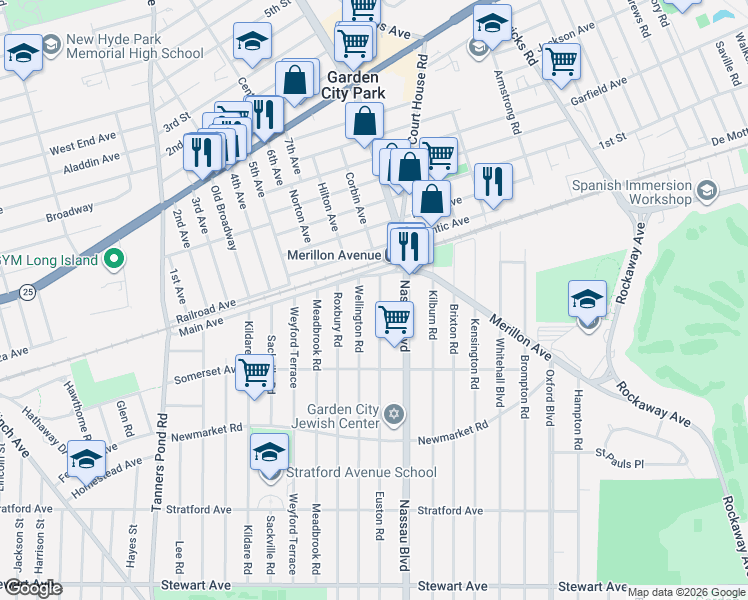 map of restaurants, bars, coffee shops, grocery stores, and more near 216 Euston Road in Garden City