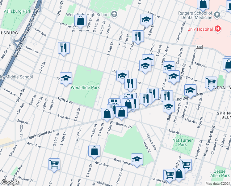 map of restaurants, bars, coffee shops, grocery stores, and more near 12 Belgium St in Newark