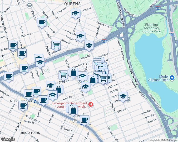 map of restaurants, bars, coffee shops, grocery stores, and more near 105-03 63rd Road in Queens